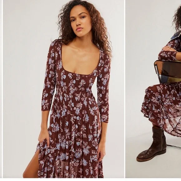 Free People Starlit Nights MIDI Dress Smocked Sheer Slip Floral Medium Med M FP - Picture 8 of 8